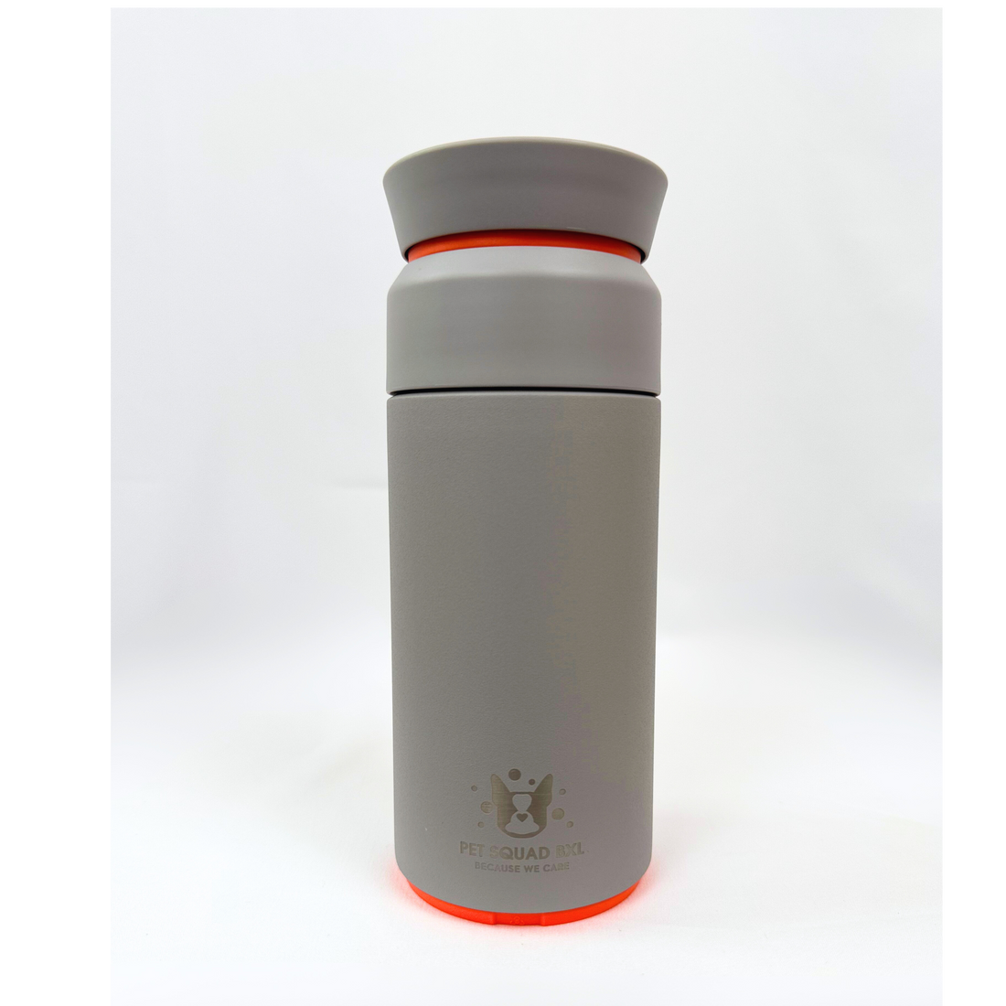 Gray insulated bottle with orange accents on a white background