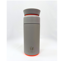 Gray insulated bottle with orange accents on a white background
