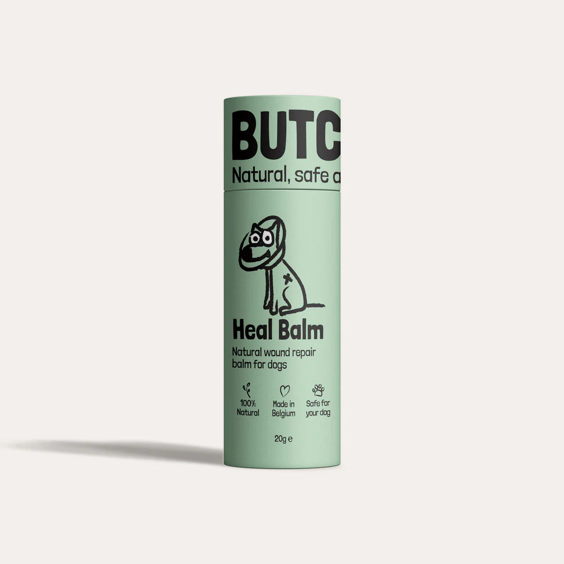 Green balm container labeled 'Butch' on a light gray background