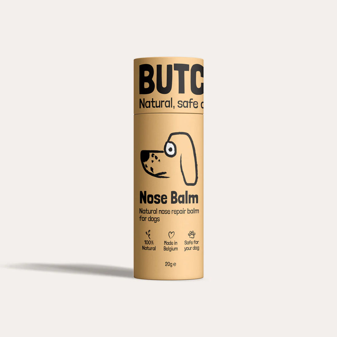 Butch Nose Balm for dogs packaging on a light beige background