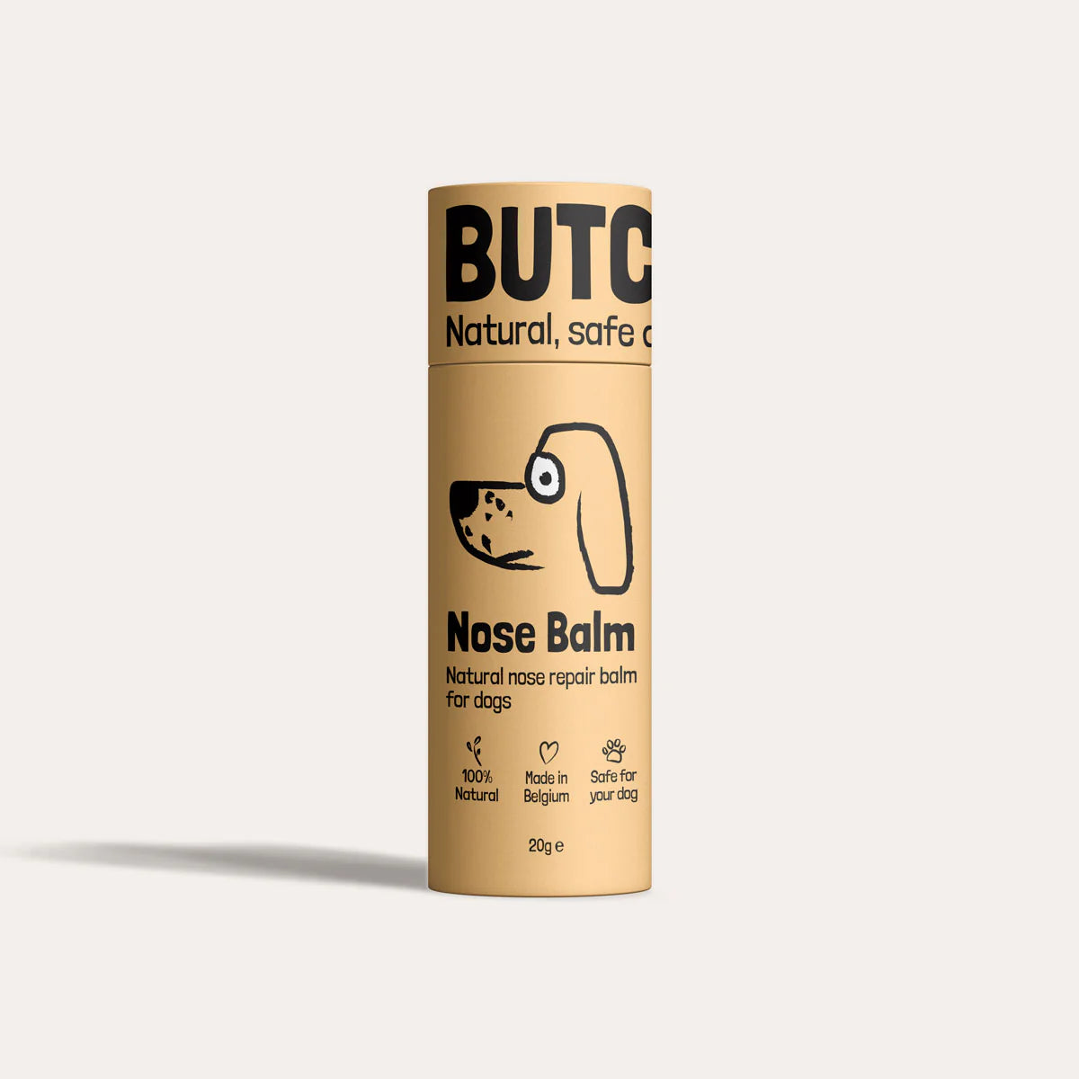 Butch Nose Balm for dogs packaging on a light beige background