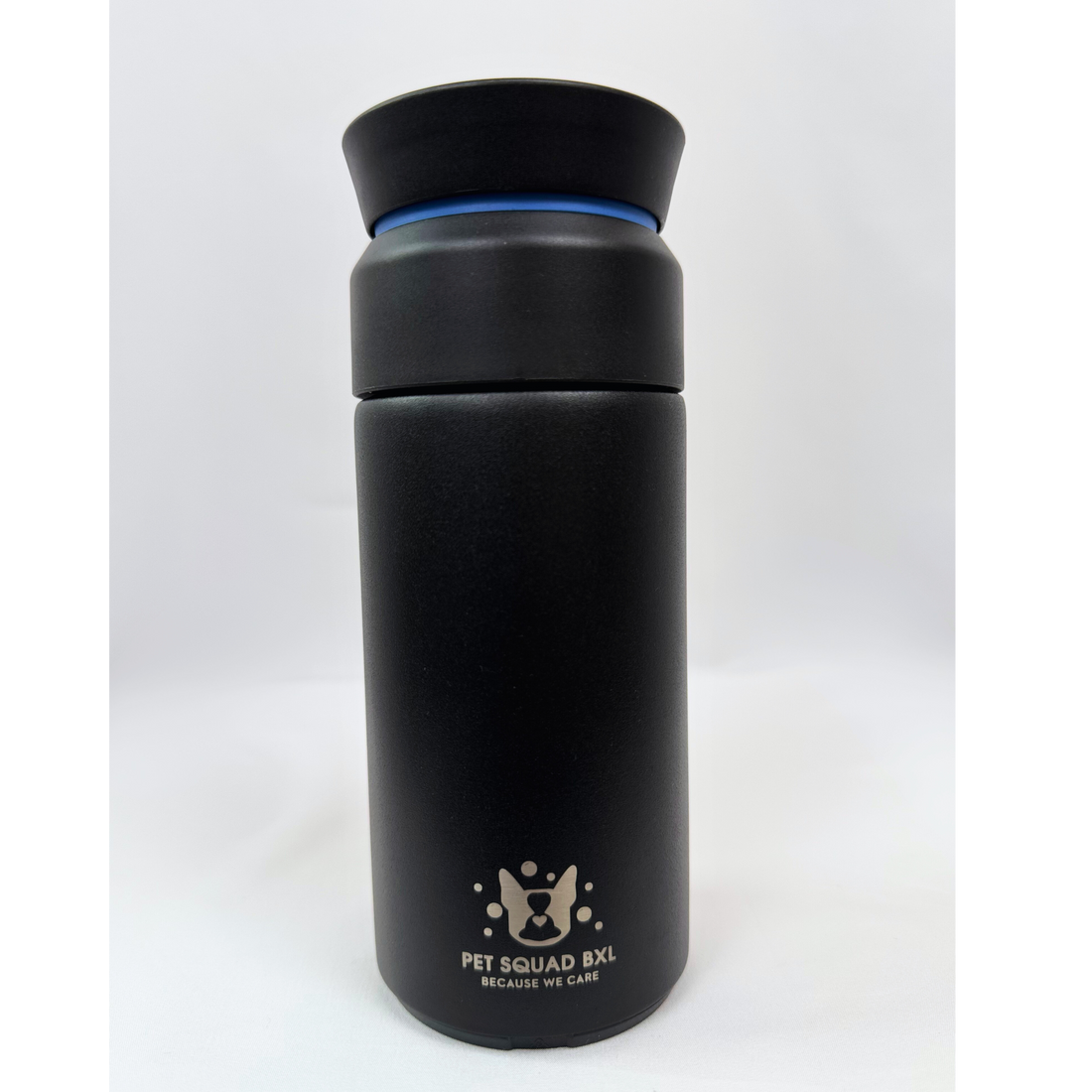 Gray insulated bottle with orange accents on a white background