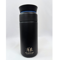 Black water bottle with a logo and text on a white background