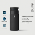 Black insulated bottle with certification logos and features on a light gray background