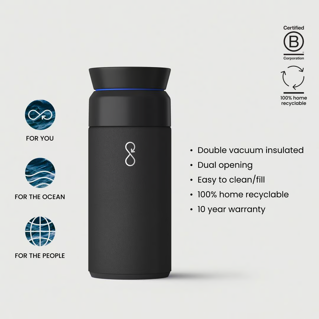Black insulated bottle with certification logos and features on a light gray background