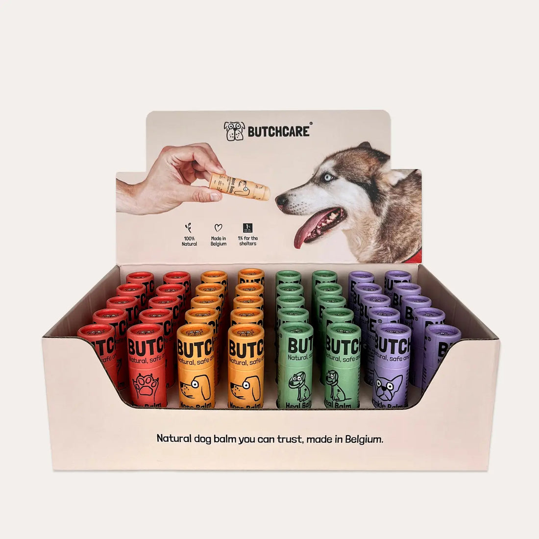Display box of Butchcare dog balms with colorful packaging and a dog image on the lid.