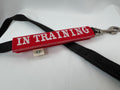 Red dog training collar with 'IN TRAINING' label on a white background