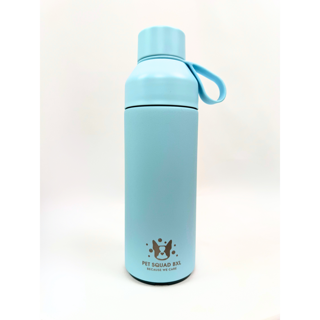 Light blue water bottle with a handle on a white background