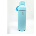 Light blue water bottle with a logo on a white background