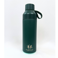 Green water bottle with a logo on a white background