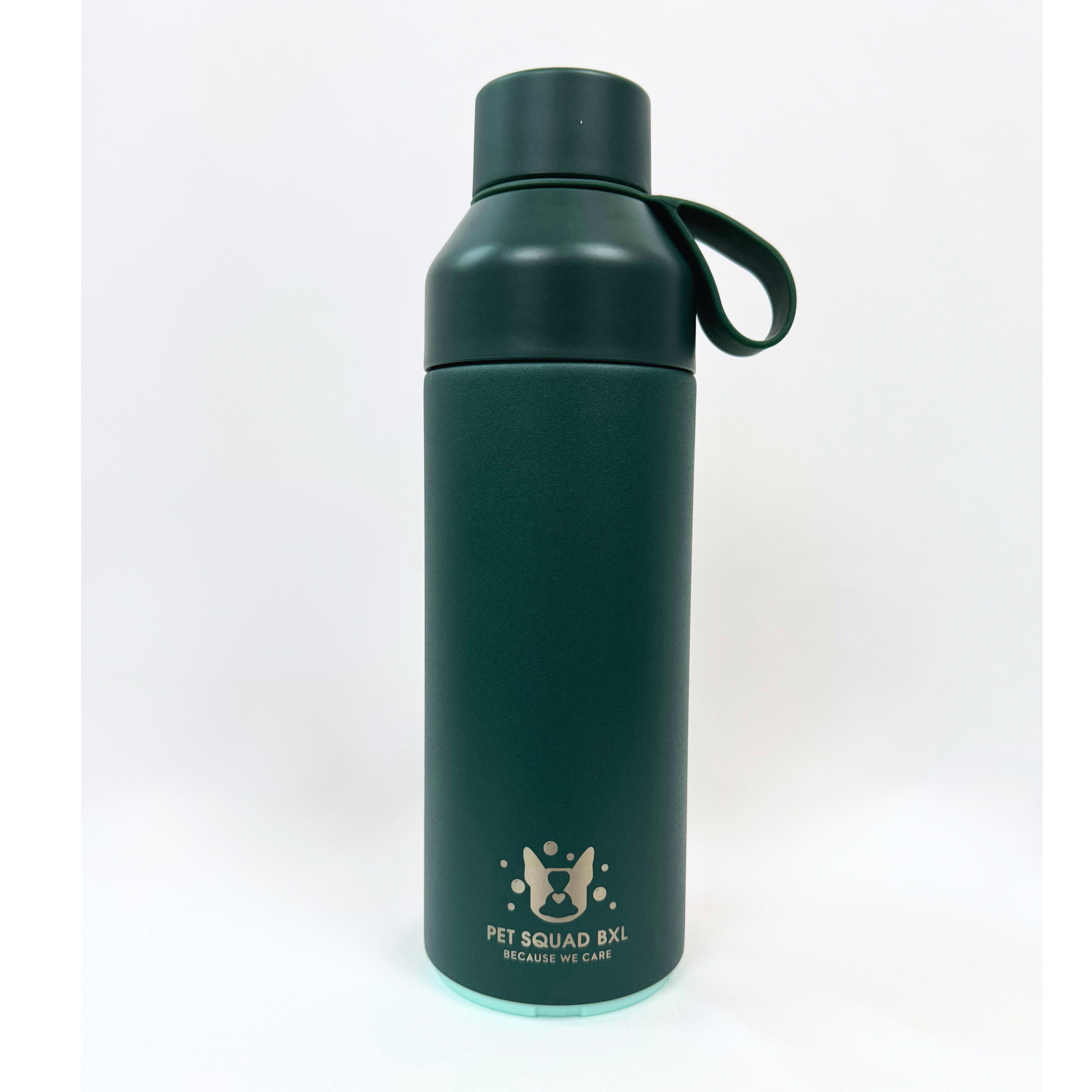 Green water bottle with a logo on a white background