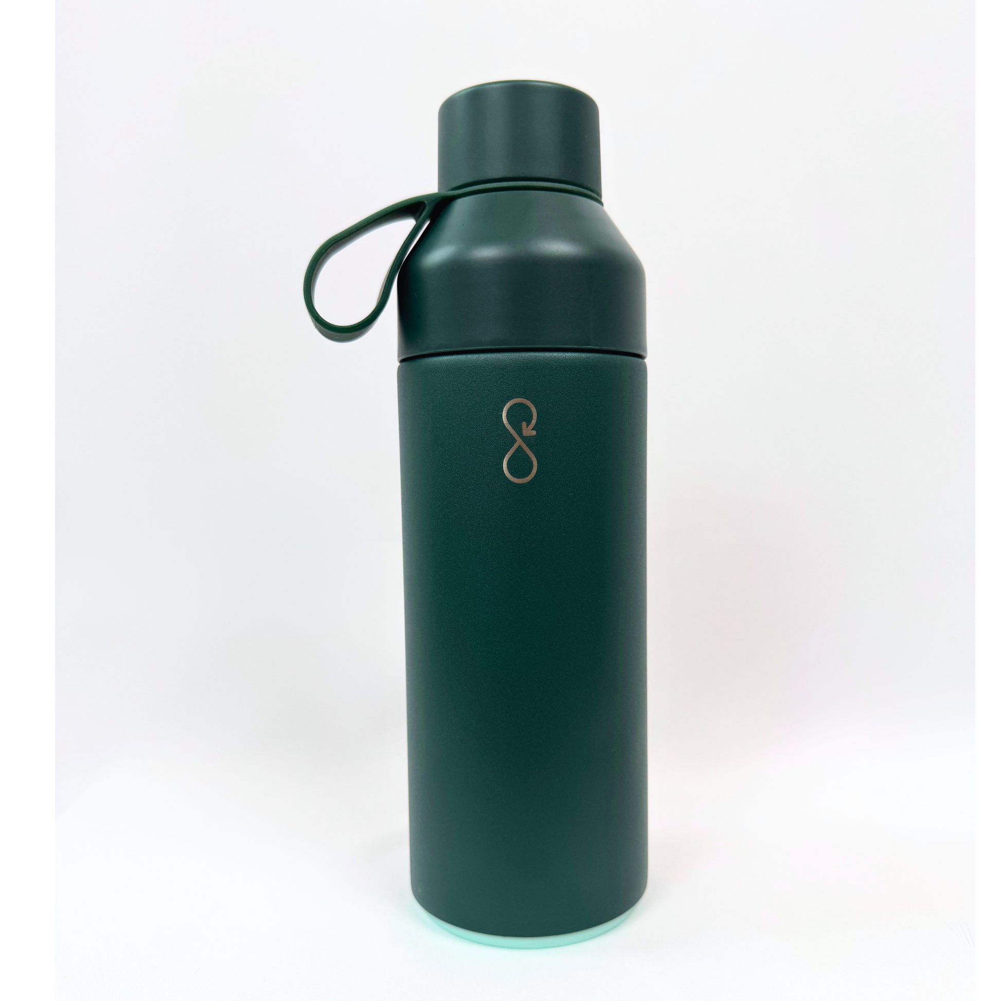 Green water bottle with a logo on a white background