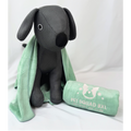 Black dog-shaped pillow with a green blanket and 'Pet Squad BXL' pillow on a white background