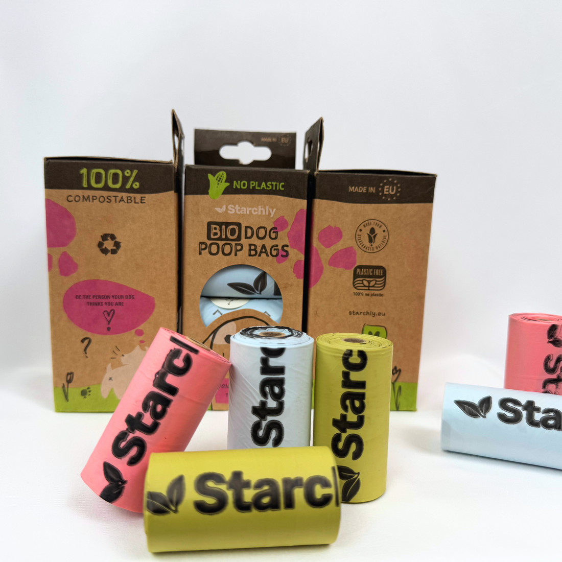 Starc biodegradable dog poop bags with packaging on a white background