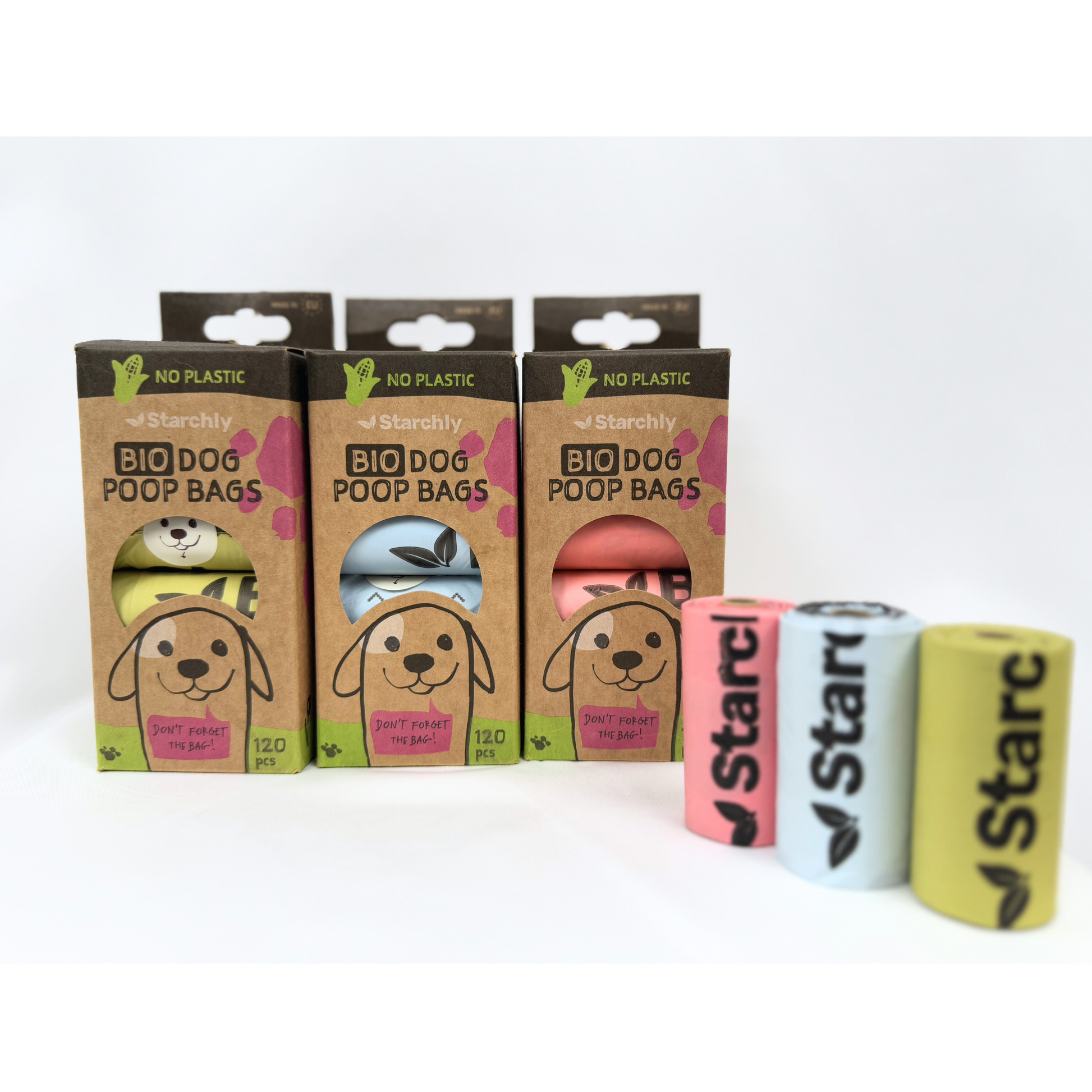 Starc hygienic dog waste bags with packaging on a white background