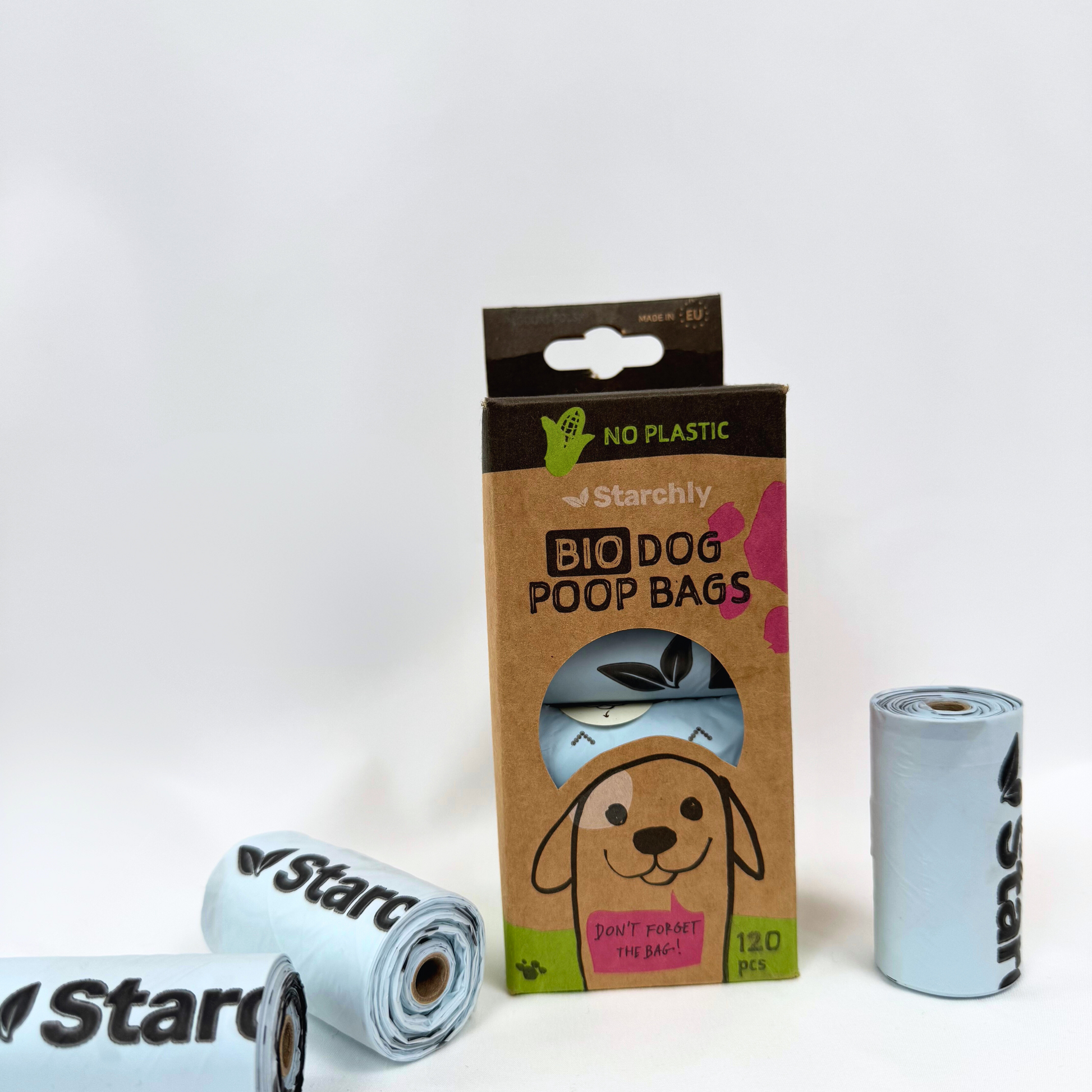 Box of Starchly biodegradable dog poop bags with rolls on a white background