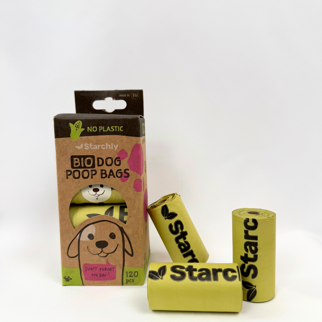 Starc biodegradable dog poop bags with packaging on a white background