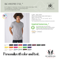 A promotional product graphic for a customizable short-sleeve t-shirt by B&C Collection. It features a male model wearing a light grey t-shirt, alongside text detailing the product's organic cotton certification, weight, and customization options.