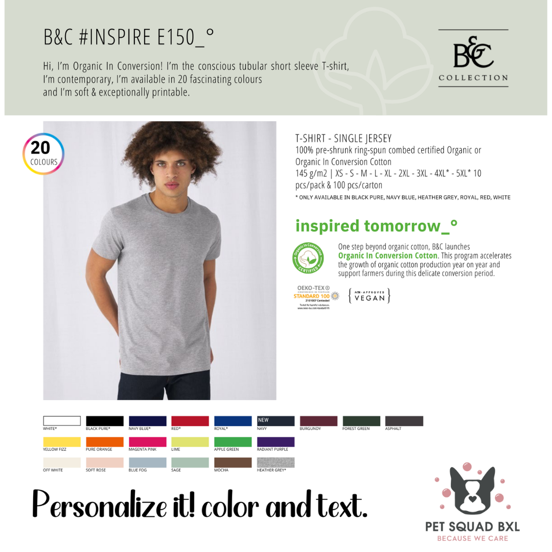 A promotional product graphic for a customizable short-sleeve t-shirt by B&C Collection. It features a male model wearing a light grey t-shirt, alongside text detailing the product's organic cotton certification, weight, and customization options.
