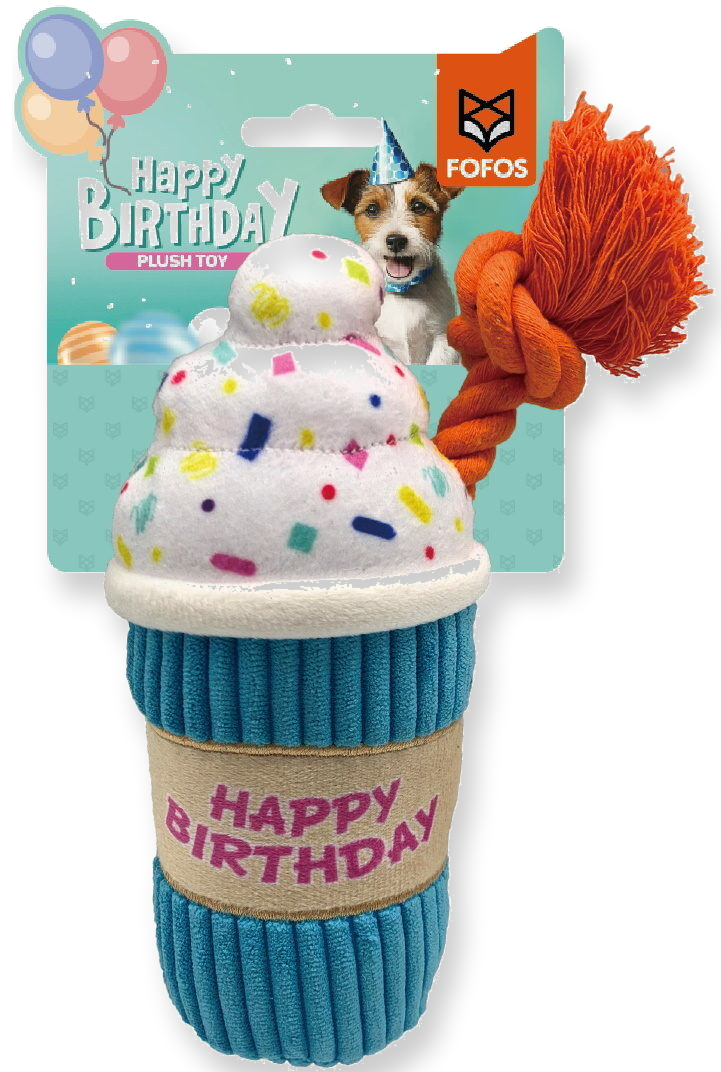 A Fofos brand dog plush toy shaped like a cupcake, featuring a blue ribbed base, a tan paper band with pink 'Happy Birthday' text, a white plush frosting top with colorful confetti, and an orange rope toy attached. The product is shown against its original retail backing card, which features a dog wearing a party hat and a Fofos logo.