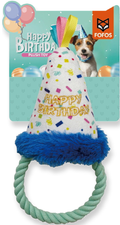 A FOFOS brand dog toy shaped like a party hat with a rope ring, shown with its retail packaging card. The toy features a white felt cone decorated with colorful confetti, a blue faux-fur trim, and a mint green rope handle.