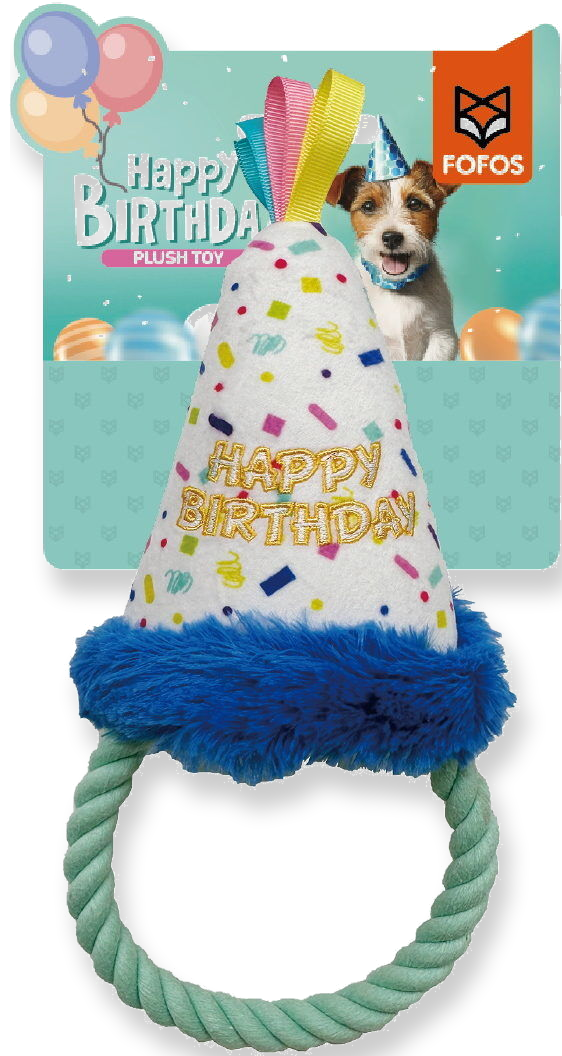 A FOFOS brand dog toy shaped like a party hat with a rope ring, shown with its retail packaging card. The toy features a white felt cone decorated with colorful confetti, a blue faux-fur trim, and a mint green rope handle.