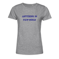 A heather gray short-sleeve crewneck t-shirt with the text 'ANYTHING IS PAW-SIBLE' printed in blue across the chest, displayed on a solid white background.